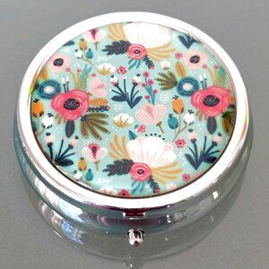 Fun Whimsical Flowers Floral Garden 3 Compartment Purse Travel Vitamin Pill Box